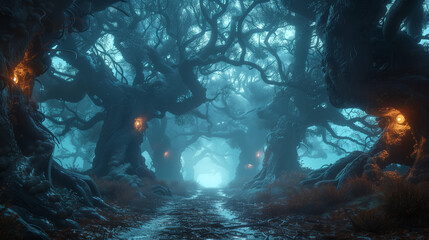 Scary horror spooky Halloween dark forest at night with trees with glowing eyes in green colors. Illustration background fairy tail concept