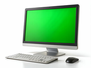 Desktop computer with green screen isolated on white background