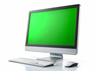 Desktop computer with green screen isolated on white background