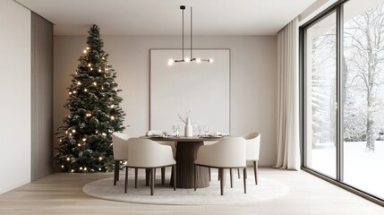 Aufkleber - A white room with a Christmas tree and a table with four chairs