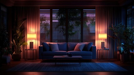 Poster - A living room with a blue couch and two lamps. The room is dimly lit and has a cozy atmosphere