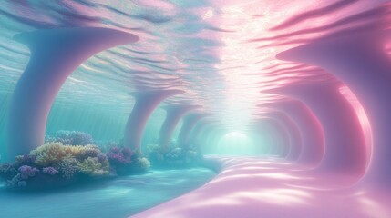 Wall Mural - A tunnel with pink and blue water and pink and blue trees