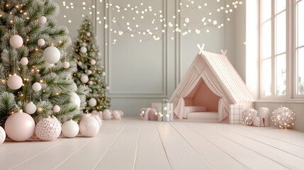Aufkleber - A room decorated for Christmas with a pink tent and a tree with pink balls on it
