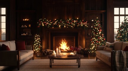 Aufkleber - A cozy living room with a fireplace and two couches. The room is decorated with Christmas lights and a Christmas tree