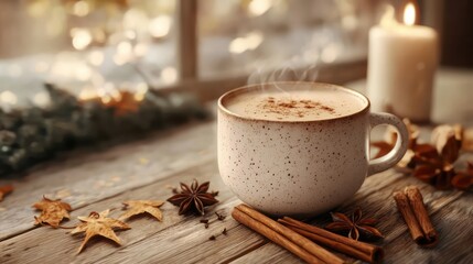 Aufkleber - A white coffee mug with cinnamon and a candle on a wooden table. Scene is cozy and warm