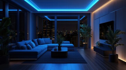 Poster - A living room with a blue couch and a potted plant. The room is dimly lit, giving it a cozy and intimate atmosphere