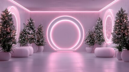 Aufkleber - A pink room with a pink circle in the middle and a pink tree in the middle of the circle