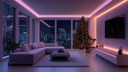 Aufkleber - A living room with a Christmas tree and a couch. The room is lit with a purple light