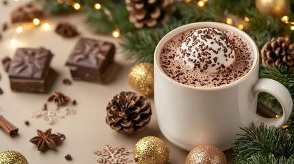 Aufkleber - A white coffee mug with whipped cream on top sits on a table with a variety of decorations, including pine cones and gold ornaments. The scene conveys a cozy and festive atmosphere