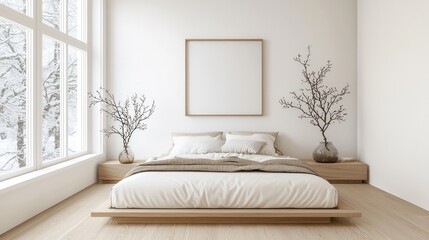 Wall Mural - A white bedroom with a large bed and a white framed picture on the wall. The room has a minimalist and clean look, with a few vases and a potted plant adding a touch of greenery