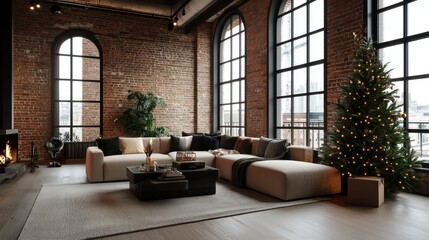 Poster - A large living room with a fireplace, a couch, and a Christmas tree. The room has a cozy and warm atmosphere, perfect for spending time with family and friends during the holiday season