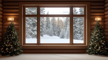 Poster - A window with two Christmas trees in front of it. The trees are lit up with lights and the window is open, letting in the cold winter air. The scene is cozy and festive, with the trees