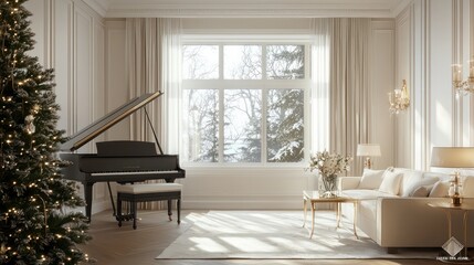 Poster - A large piano is in the middle of a room with a Christmas tree and a window. The room is decorated with white curtains and a couch. Scene is warm and inviting