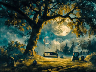 Wall Mural - A swing is hanging from a tree in a graveyard. The moon is in the sky above the graveyard