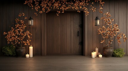 Aufkleber - A wooden door with a candle lit in front of it. The door is surrounded by potted plants and candles, creating a warm and inviting atmosphere