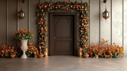 Poster - A large door with a floral wreath and a vase of flowers in front of it. The scene is warm and inviting, with a sense of nature and beauty