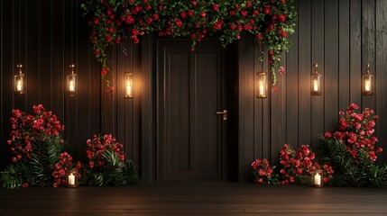 Poster - A black room with a door and a wall of red flowers. The room is lit by candles and lanterns
