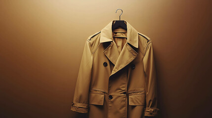 Wall Mural - A tan trench coat hangs on a hanger in front of a brown background.