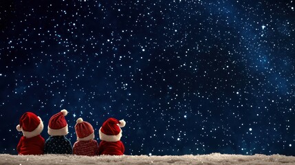 Aufkleber - A group of children are sitting on a snowy hill, wearing red hats and looking up at the sky