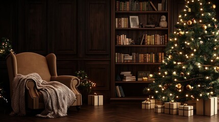 Aufkleber - A cozy living room with a Christmas tree and a chair. The room is filled with books and a fireplace