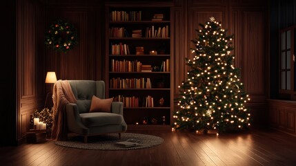 Aufkleber - A cozy living room with a Christmas tree and a chair. The room is dimly lit, creating a warm and inviting atmosphere