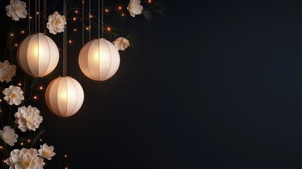 Poster - A black background with three white lanterns hanging from the ceiling