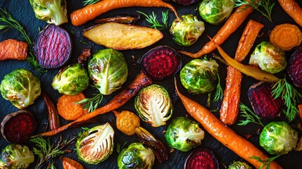 A flat lay of a colorful array of roasted autumn vegetables, including Brussels sprouts, carrots, and beets, on a dark, textured background