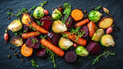 A flat lay of a colorful array of roasted autumn vegetables, including Brussels sprouts, carrots, and beets, on a dark, textured background