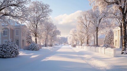 Leinwandbilder - A snowy street with houses on either side. The houses are white and the street is covered in snow. The scene is peaceful and quiet, with no people or vehicles visible