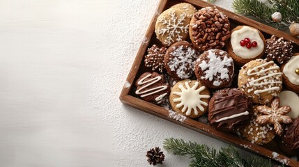 Poster - A tray of assorted cookies and brownies with a white background. The tray is filled with a variety of cookies and brownies, including some with chocolate chips and others with sprinkles