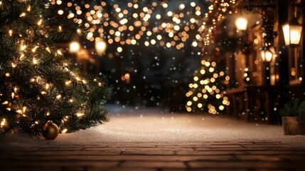 Poster - A Christmas tree is lit up with lights and a few ornaments. The tree is surrounded by a snowy path