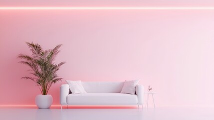 Poster - A white couch sits in front of a pink wall. The couch is surrounded by a potted plant and a white table. The room has a minimalist and modern feel, with the white couch
