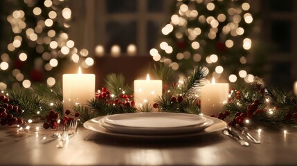Poster - A table with a white plate and silverware, and three candles on a table
