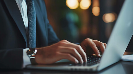 Closeup of a businessman's hands typing on a laptop computer in a dimly lit setting.