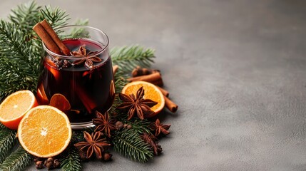 Aufkleber - A glass of red wine with orange slices and cinnamon on a table. Scene is warm and cozy, perfect for a holiday gathering