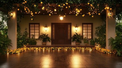 Poster - A house with a porch and a large tree in front of it. The porch is lit up with lights and there are potted plants on the porch