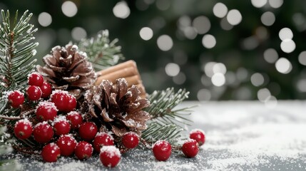 Aufkleber - A Christmas tree with red berries and pine cones on a snowy background. Concept of warmth and holiday cheer