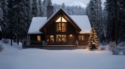 Poster - A large house with a Christmas tree in the yard. The house is surrounded by snow and has a cozy, warm feeling