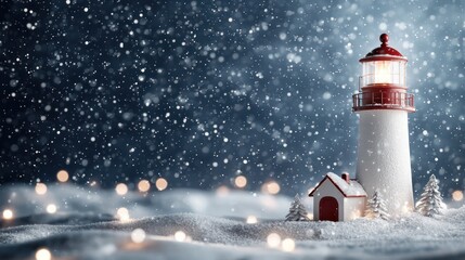 Poster - A lighthouse is lit up in the snow. The scene is peaceful and serene