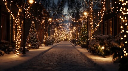Poster - A street with Christmas lights and trees. Scene is festive and cozy