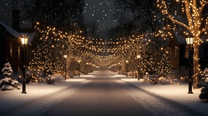 Poster - A snowy street with Christmas lights and trees. The street is lit up and he is a winter wonderland