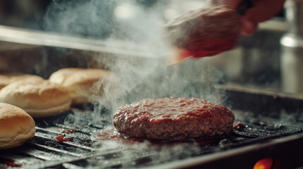 Wall Mural - Sizzling burger cooking on the grill with buns on the side. The warm colors enhance the appetizing look. Perfect for food styling or culinary presentations. Enjoy the deliciousness. AI