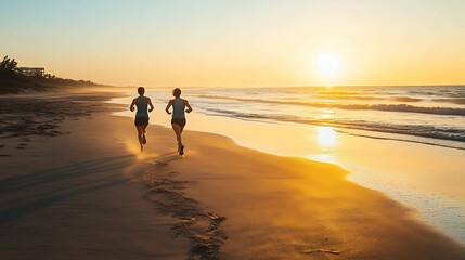 Two people are running along a sandy beach at sunset.