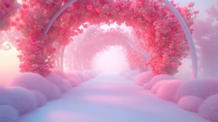 Canvas Print - a pink archway with pink flowers and trees