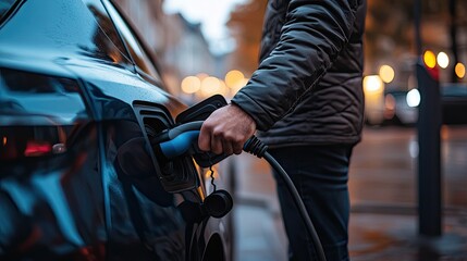 man is hand holding an electric car charger connected to an electric car at a public charging station. 