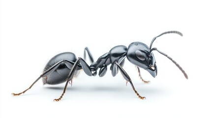 a black ant is standing on a white background