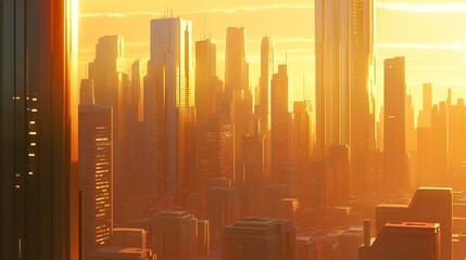 Poster - A city skyline dominated by towering skyscrapers with sharp, angular lines and sleek, vertical emphasis