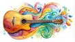 © Sirinporn - Vibrant watercolor illustration of an acoustic guitar with colorful swirling patterns and soft, blended brushstrokes, evoking a sense of creative expression and artistic freedom.