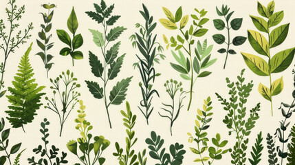 Wall Mural - medieval style illustration of various plants, thick lines, green, AI Generative