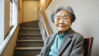 Wall Mural - Elderly lady on stairlift with copy space